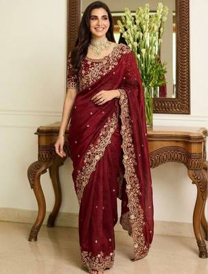 Maroon embroidered sarees with unstitched blouse piece 1