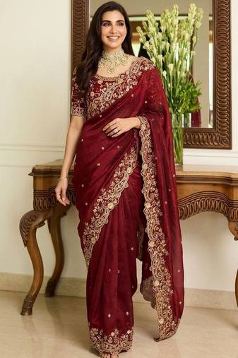 Maroon embroidered sarees with unstitched blouse piece