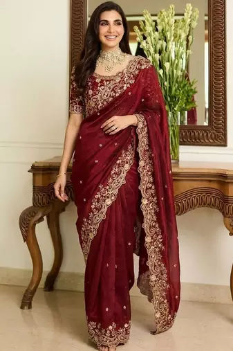 Maroon embroidered sarees with unstitched blouse piece