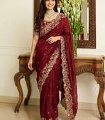 Maroon embroidered sarees with unstitched blouse piece
