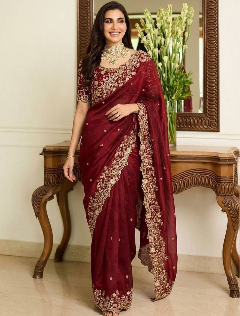 Maroon embroidered sarees with unstitched blouse piece