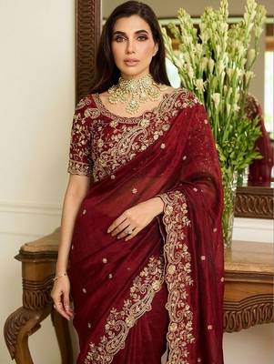 Maroon embroidered sarees with unstitched blouse piece 2