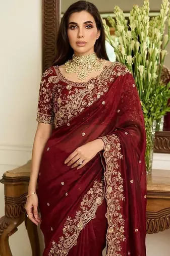 Maroon embroidered sarees with unstitched blouse piece