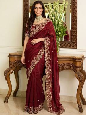 Maroon embroidered sarees with unstitched blouse piece 3