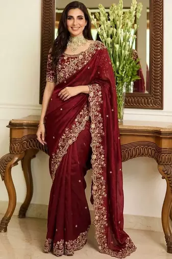 Maroon embroidered sarees with unstitched blouse piece