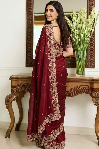 Maroon embroidered sarees with unstitched blouse piece