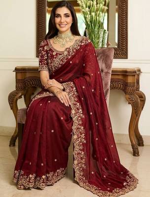 Maroon embroidered sarees with unstitched blouse piece 5