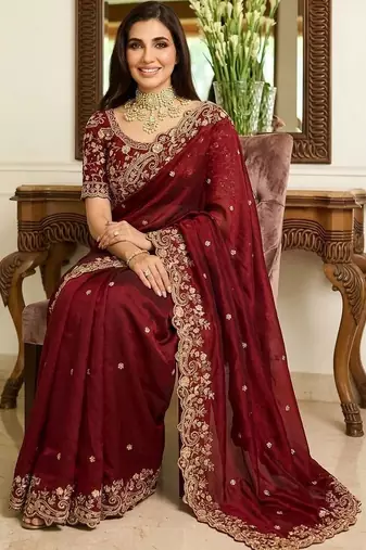 Maroon embroidered sarees with unstitched blouse piece