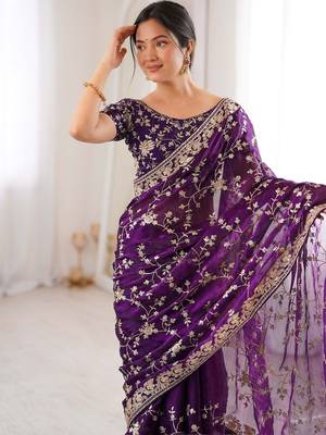 Purple embellished embroidered tissue designer saree 1