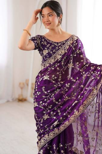 Purple embellished embroidered tissue designer saree