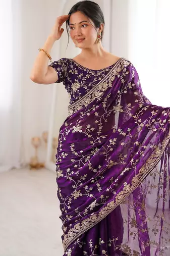 Purple embellished embroidered tissue designer saree
