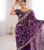 Purple embellished embroidered tissue designer saree