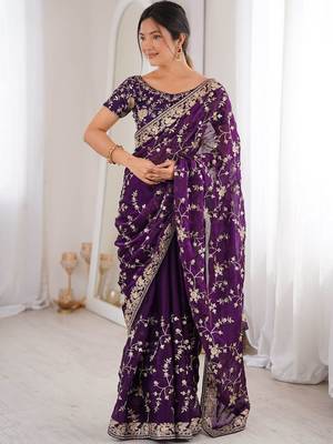 Purple embellished embroidered tissue designer saree 2