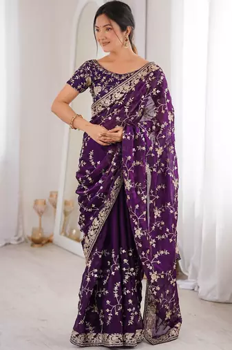 Purple embellished embroidered tissue designer saree