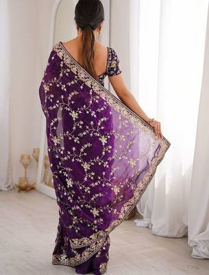 Purple embellished embroidered tissue designer saree 3