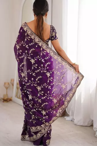 Purple embellished embroidered tissue designer saree