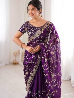 Purple embellished embroidered tissue designer saree 4