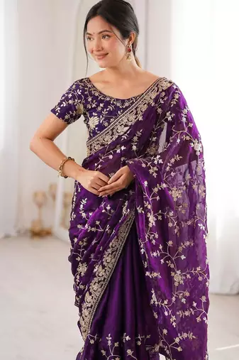 Purple embellished embroidered tissue designer saree