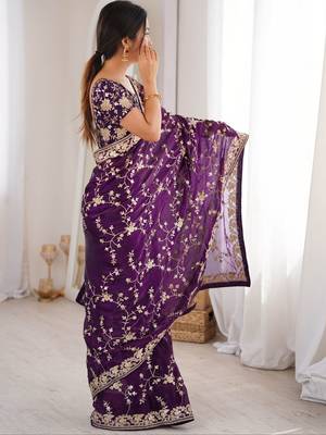 Purple embellished embroidered tissue designer saree 5