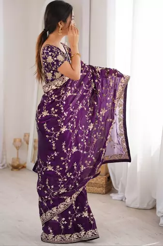 Purple embellished embroidered tissue designer saree