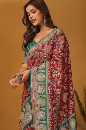 Maroon ethnic motifs printed banarasi saree with matching blouse