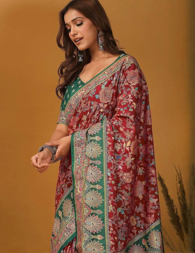 Maroon ethnic motifs printed banarasi saree with matching blouse
