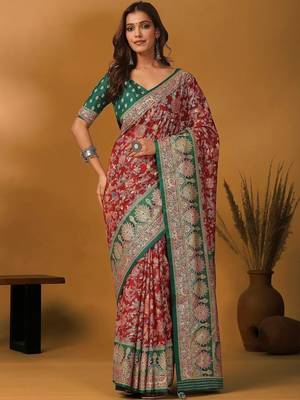 Maroon ethnic motifs printed banarasi saree with matching blouse 2