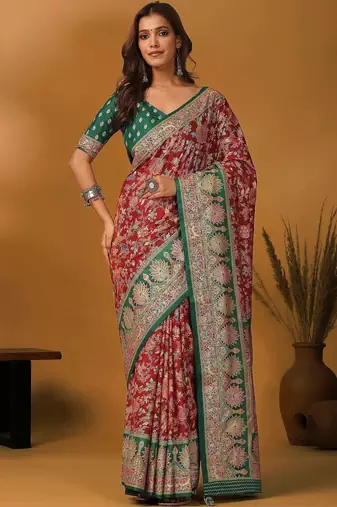 Maroon ethnic motifs printed banarasi saree with matching blouse