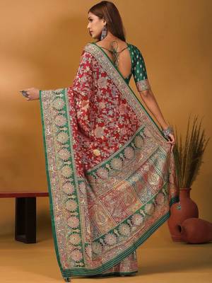 Maroon ethnic motifs printed banarasi saree with matching blouse 3