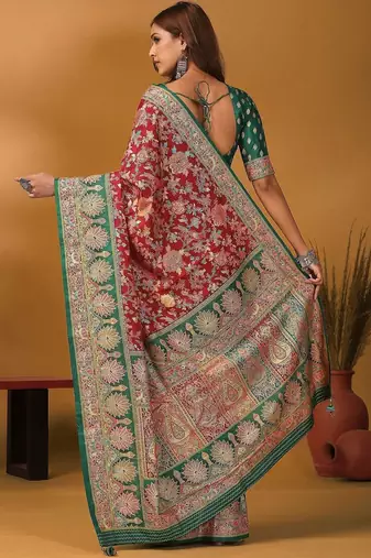Maroon ethnic motifs printed banarasi saree with matching blouse