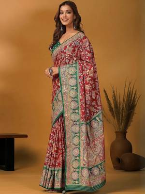 Maroon ethnic motifs printed banarasi saree with matching blouse 4