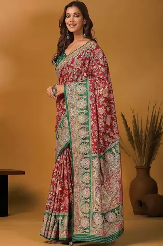 Maroon ethnic motifs printed banarasi saree with matching blouse