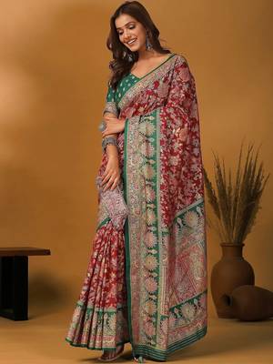 Maroon ethnic motifs printed banarasi saree with matching blouse 5