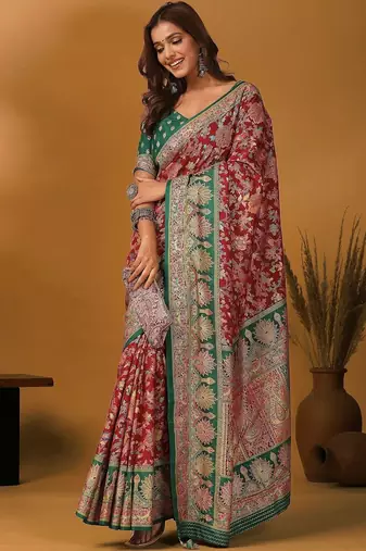 Maroon ethnic motifs printed banarasi saree with matching blouse
