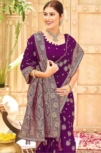 Purple embellished banarasi sarees blouse piece
