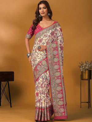 Cream floral printed banarasi saree with unstitched blouse piece 1