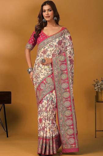 Cream floral printed banarasi saree with unstitched blouse piece