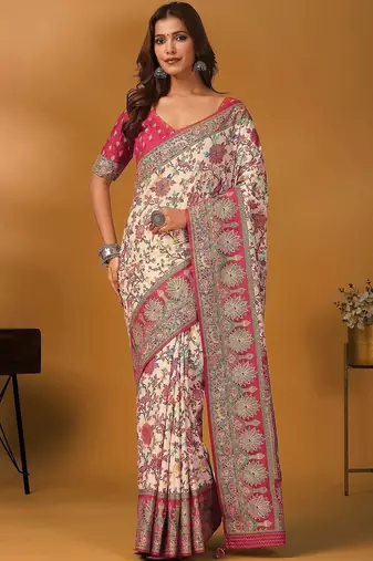 Cream floral printed banarasi saree with unstitched blouse piece
