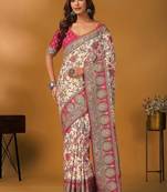 Cream floral printed banarasi saree with unstitched blouse piece