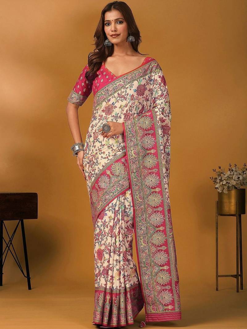 Cream floral printed banarasi saree with unstitched blouse piece