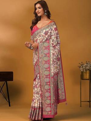 Cream floral printed banarasi saree with unstitched blouse piece 3