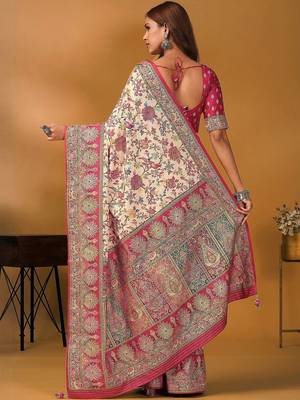 Cream floral printed banarasi saree with unstitched blouse piece 4