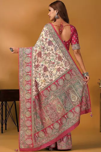 Cream floral printed banarasi saree with unstitched blouse piece