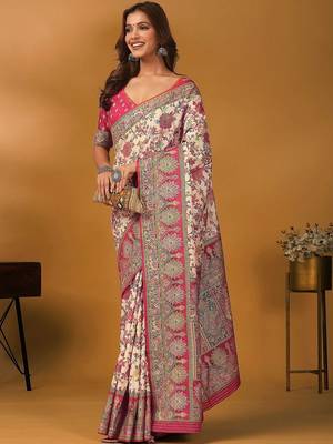 Cream floral printed banarasi saree with unstitched blouse piece 5