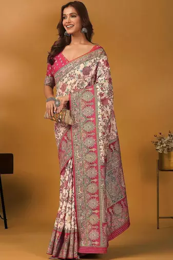 Cream floral printed banarasi saree with unstitched blouse piece