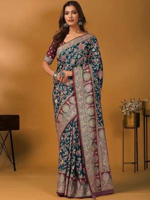 Teal floral printed banarasi saree with unstitched blouse piece 1