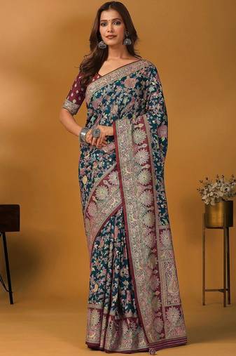Teal floral printed banarasi saree with unstitched blouse piece