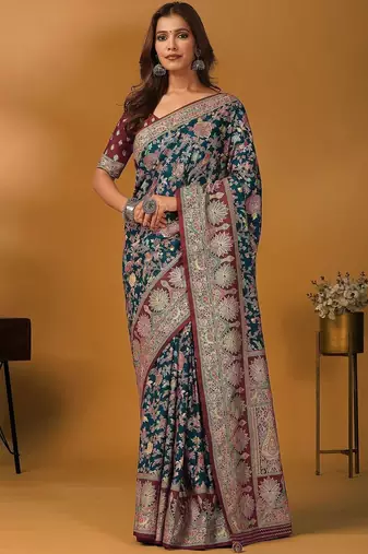 Teal floral printed banarasi saree with unstitched blouse piece