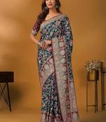 Teal floral printed banarasi saree with unstitched blouse piece