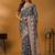 Teal floral printed banarasi saree with unstitched blouse piece